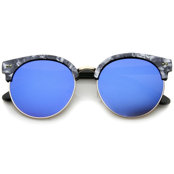 sunglassLA - Womens Half-Frame Marble Finish Moon Cut Color Mirrored Lens Round Sunglasses - 55mm