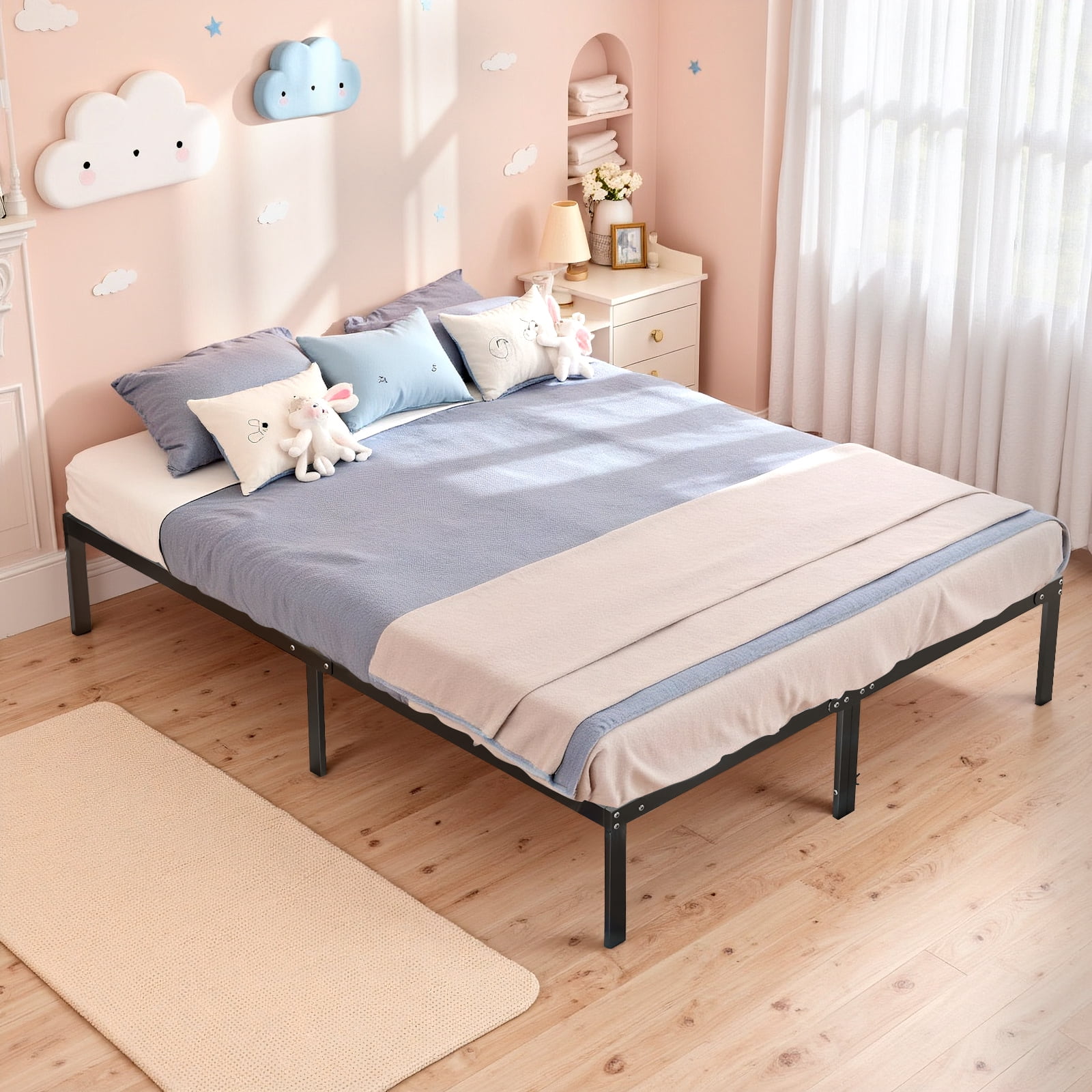 Queen Size Metal Platform Bed Frame, Heavy Duty Mattress Foundation with Steel Slats Support, No Box Spring Needed, Black