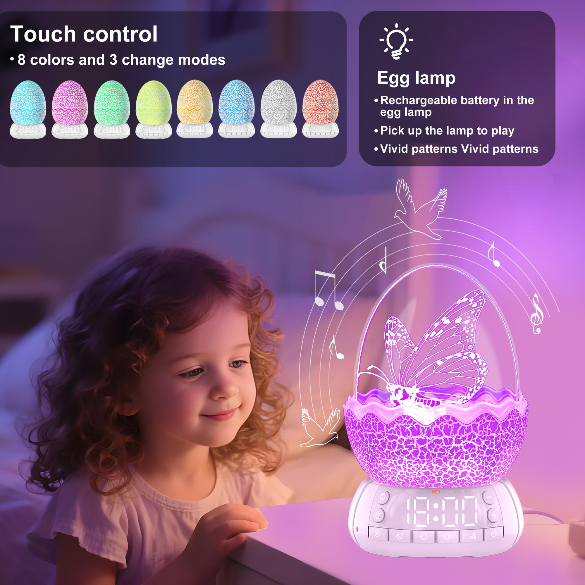 Butterfly Night Light Sleep Lamp with Lullaby White Noise LED Décor Light with Digital Clock Alarm Clock Gifts for Boys & Girls (Butterfly)