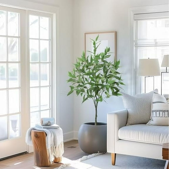 Artificial Ficus Tree,Artificial Eucalyptus Tree Plant Modern Tall Faux Plants In Pot Fake Silk Tree Indoor For Home  Living Room Office Decor,4/5/6FT,1PCS