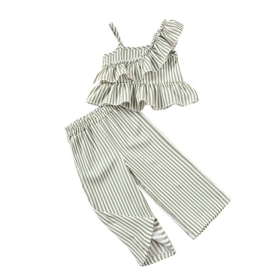 Vunhao Fashionable Toddler Girls' One-Shoulder Ruffled Short Sleeve Striped Two-piece Set with Straight Pants, Comfortable for Daily Wear,Green,Size 4 T