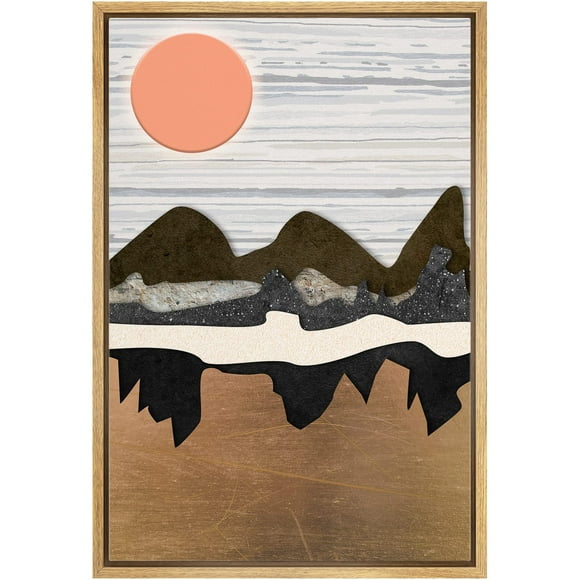 IDEA4WALL Framed Canvas Print Wall Art Orange Sun Over Dark Mountain Reflection Abstract Wilderness Illustrations Modern Art Rustic Multicolor Cool for Living Room, Bedroom, Office - 16"x24" Natural