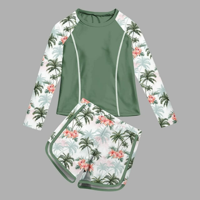 Traje de baño de 2 piezas para mujer, trajes de baño para mujer, traje de baño de 2 piezas estampado de moda para niños de verano y primavera, traje de baño de manga larga con protección solar y short