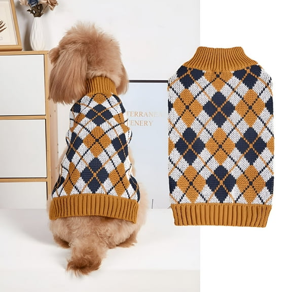TELOLY Dog Sweater Apparel Turkey Plaid Knit Mid-High Neck Pet Clothes Dog Cat Apparel Knit (M)