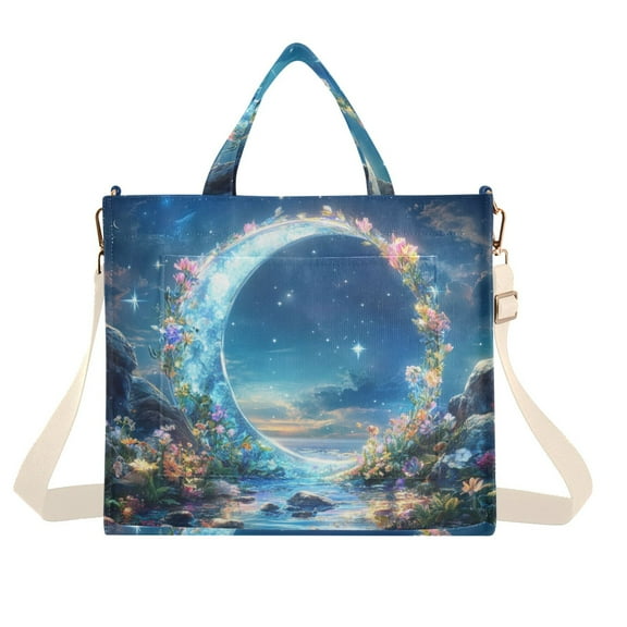 FORMRS Womens Corduroy Tote Bag Crossbody Shoulder Handbag with Pocket, Floral Moon