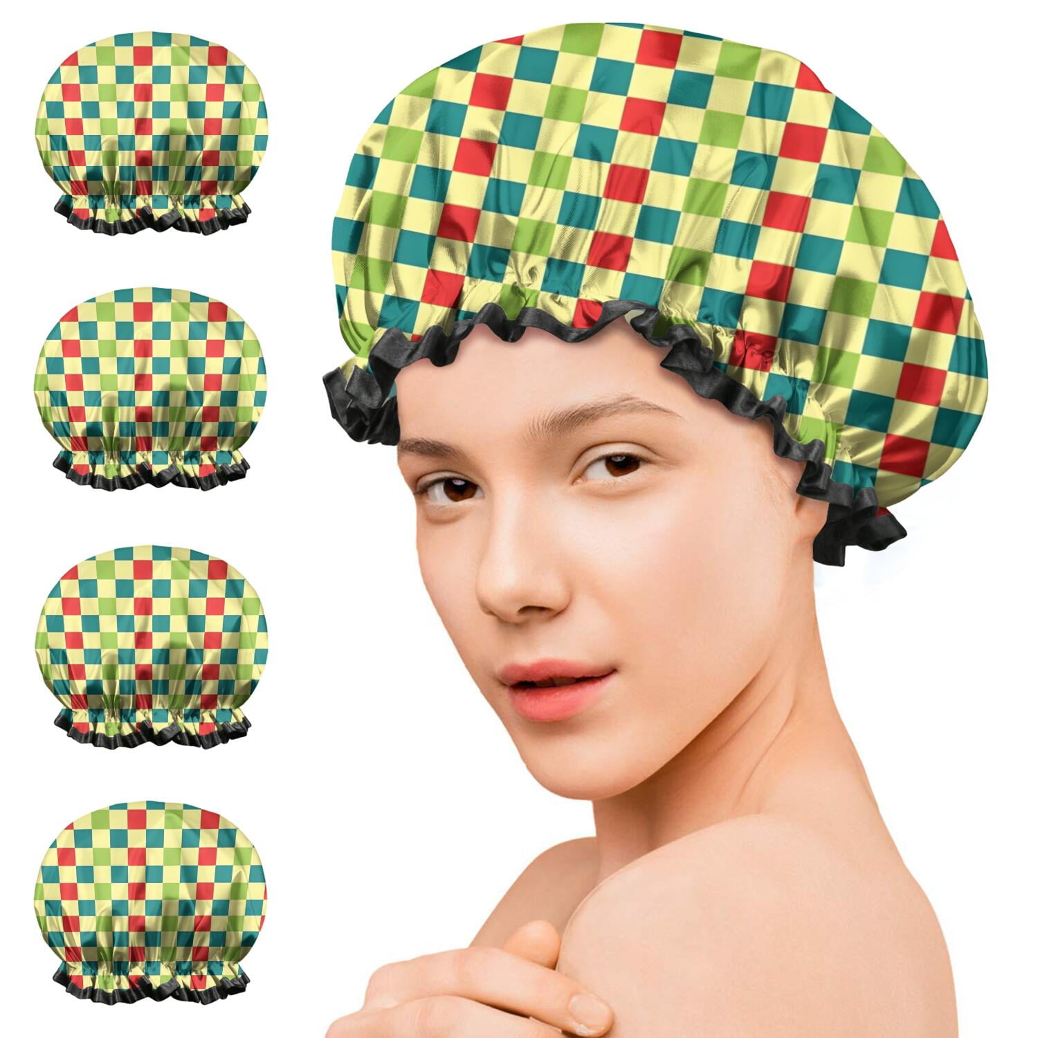 Shower Caps,Multi Color Checkerboard Checkered Pattern Waterproof Shower Cap for Women 4 Pieces,Double Reusable Hair Cover for Shower PEVA Elastic Stretch Hem
