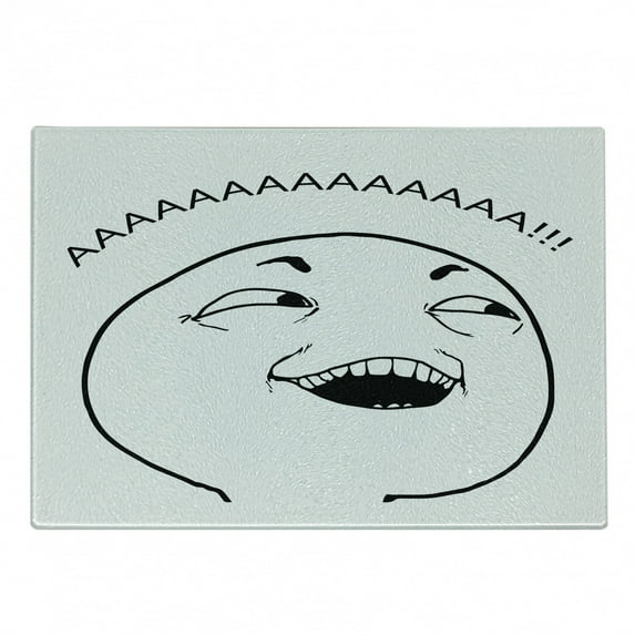 Humor Cutting Board, Lol Guy Happy Boy Meme Face Internet Community Illustration, Decorative Tempered Glass Cutting and Serving Board, Small Size, Black and White, by Ambesonne