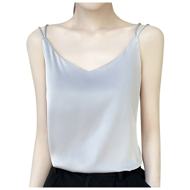 Camiseta de seda satinada para mujer: cuello en V, tirantes finos, blusa sin espalda, poliéster, para ropa informal y de dormir