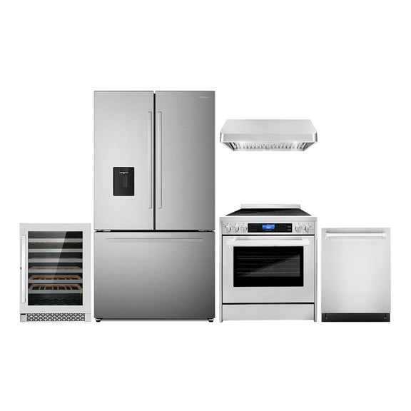 5 Piece Kitchen Package with 30" Freestanding Electric Range 30" Under Cabinet Range Hood 24" Built-in Fully Integrated Dishwasher French Door Refrigerator & 48 Bottle Wine Refrigerator