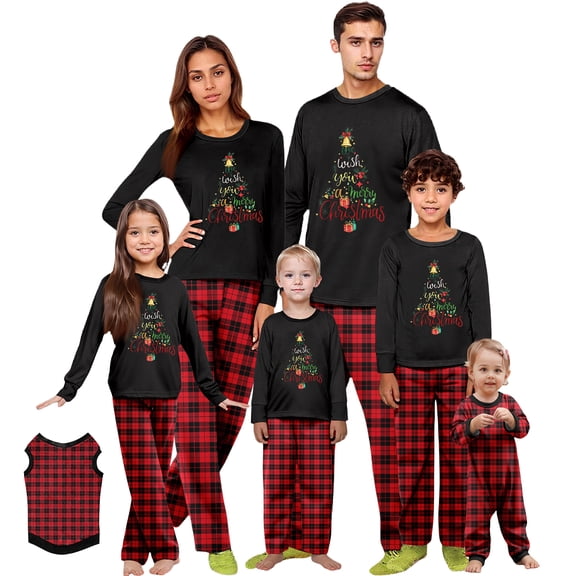 Christmas Pajamas Family Set - 2 piece Black Christmas Tree with Santa Hat Print Long Sleeve Top and Pants Loungewear Sets, Christmas Pajamas Matching Sets for Family Xmas Eve for 18 Months Pjs
