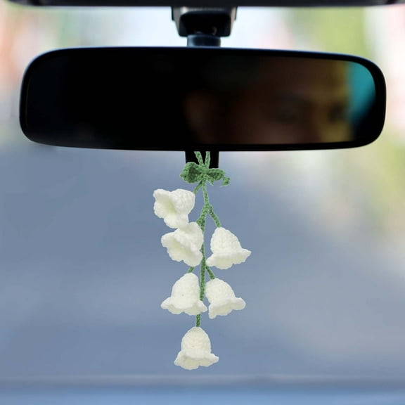 Crochet Car Hanging Accessory, Handmade Ornament with 6 Cute Little Tulip Flowers for Car Decor Bag Keychain, White