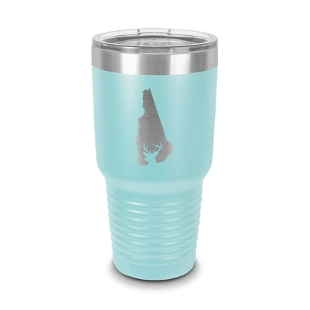 

New Hampshire Deer State Tumbler 30 oz - Laser Engraved w/ Clear Lid - Stainless Steel - Vacuum Insulated - Double Walled - Travel Mug - buck hunt hunting rifle nh - Light Blue