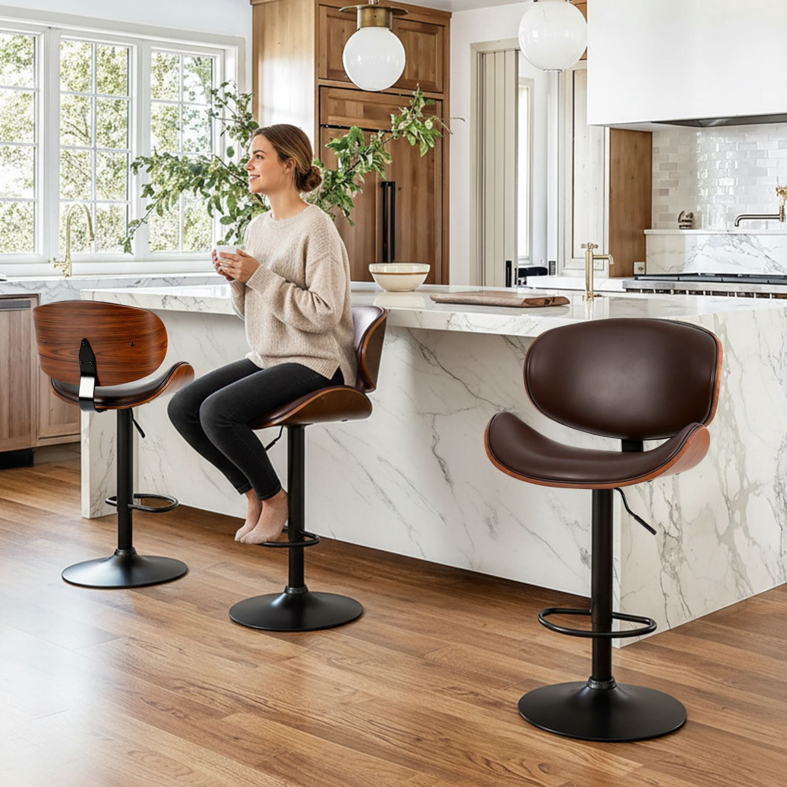 Set of 2 Rotating Bar Stools With Adjustable Height, Pu Leather Decorative Chairs, Backrests And Footstools, And Anti-Slip Rubber Bases