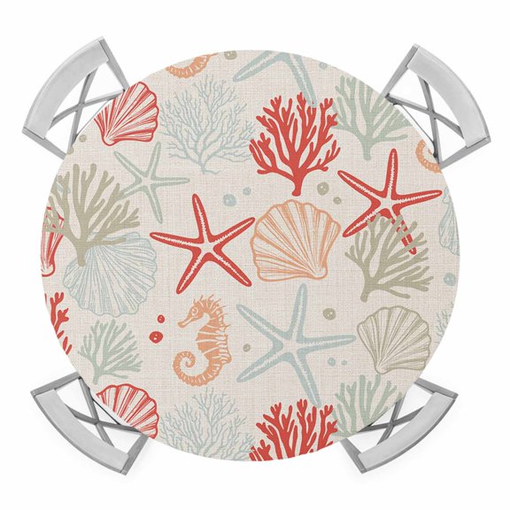 Elastic Fitted Round Tablecloth, Red Orange Coastal Waterproof Stretch Table Cover for 36"-44" Tables, Summer Beach Starfish Coral Nautical Rustic Washable Outdoor Tablecloths for Patio, Camping