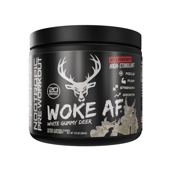 Bucked Up Woke AF Pre-Workout Powder, Increased Energy, White Gummy Deer, 333 mg Caffeine, 20 Servings