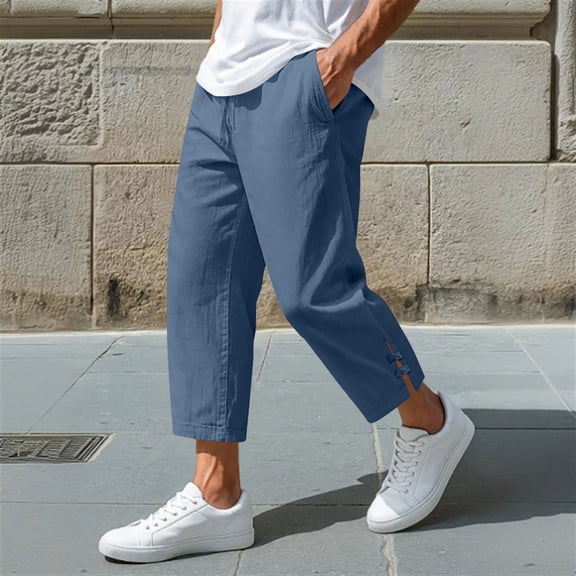 CQONEPT Mens Linen Cropped Pants Loose Straight Leg Pant Lightweight with Pockets Travel Walking Breathable Capris Pants Navy 2XL