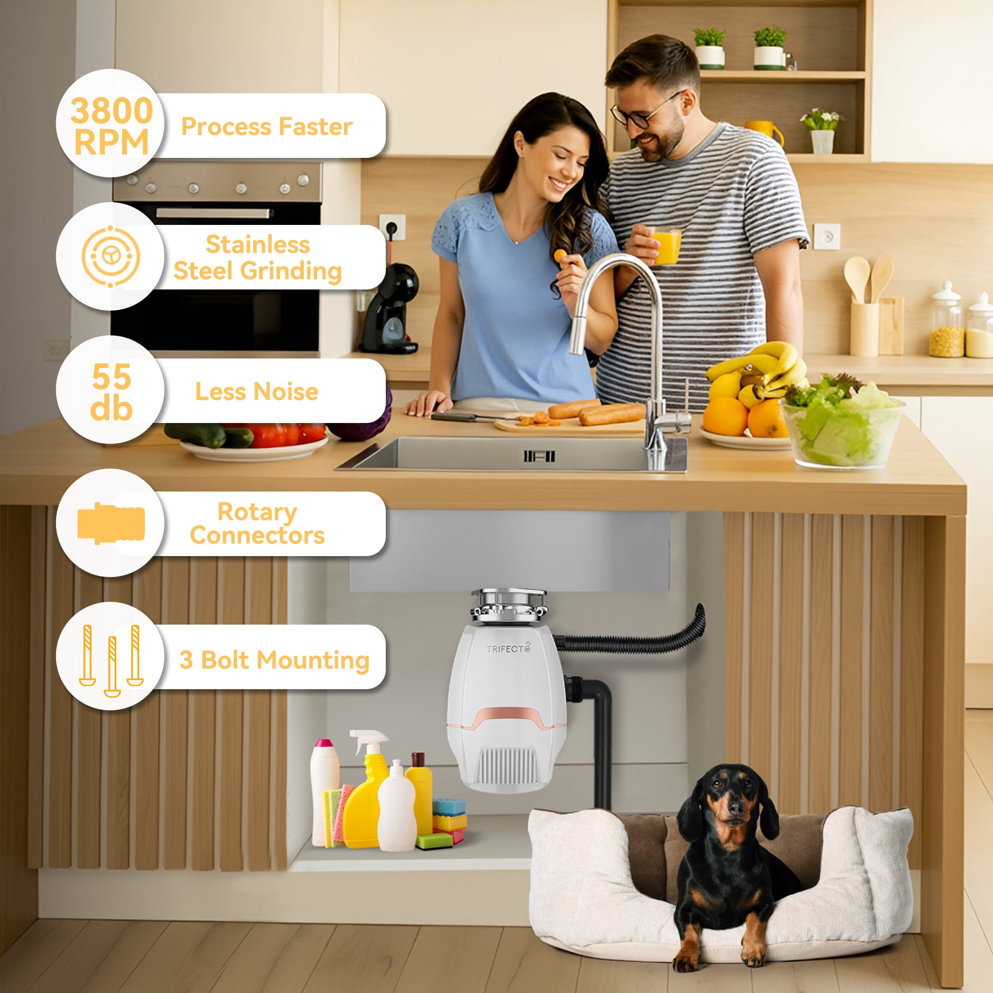 Trifecte 3/4PH Garbage Disposal, 3800RPM DC Motor Continuous Feed Food Waste Disposal with Power Cord
