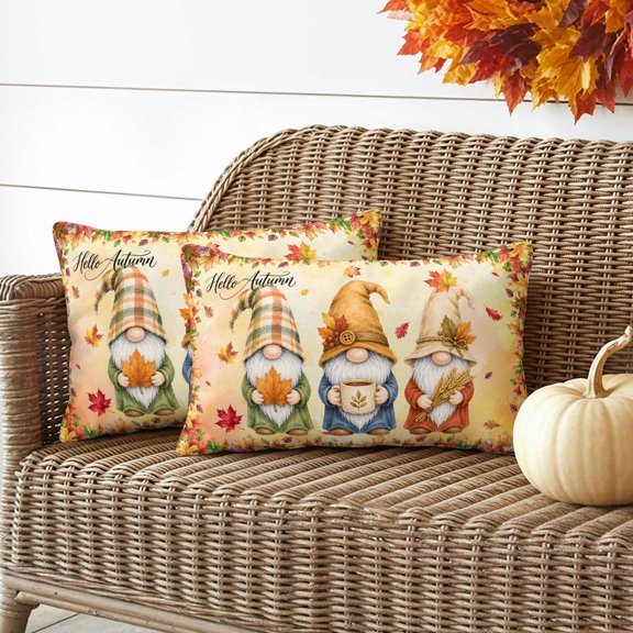 Outdoor Waterproof Throw Pillow Cover Thanksgiving Pumpkin Gnome Decorative Pillow Covers 20x12inch Set of 2 Pillows Case, Fall Farm Maple Leaves Cushion Cases for Sofa Couch Patio Garden