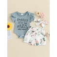 thumbnail image 2 of Bslissey Baby Girls 3Pcs Summer Outfits Short Sleeve Letter Print Romper + Flower Belted Shorts + Headband 3M 6M 12M 18M Newborn Infant Cute Short Pants Sets, 2 of 9