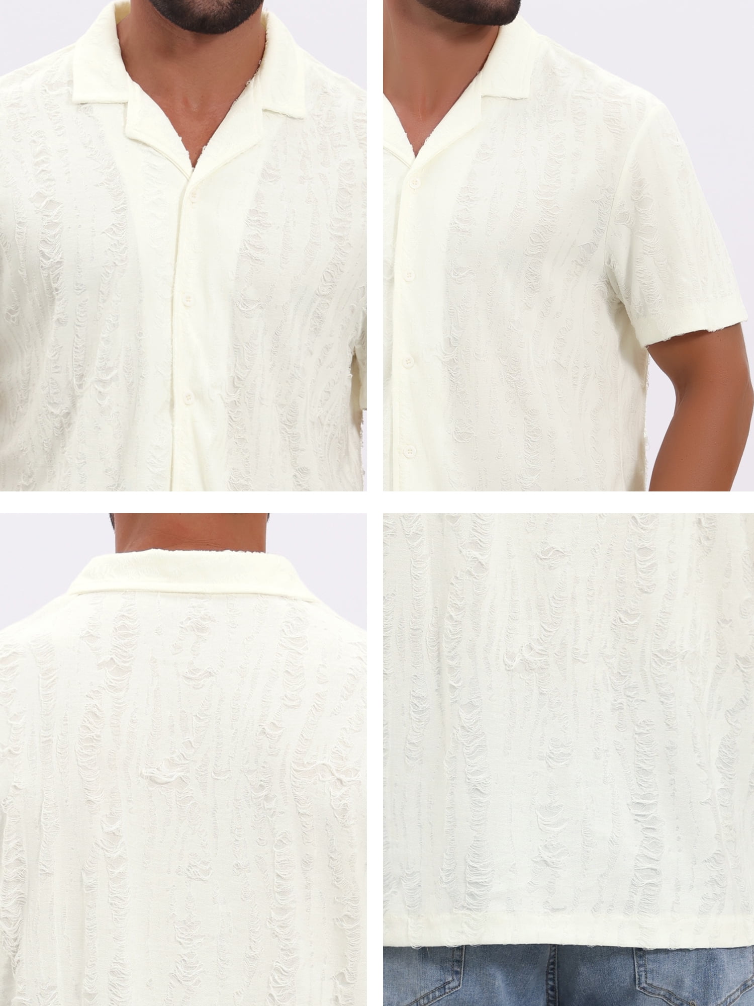 DARING DIVA Men's Camp Collar Button Down Short Sleeve Distressed Ripped Shirts M Beige