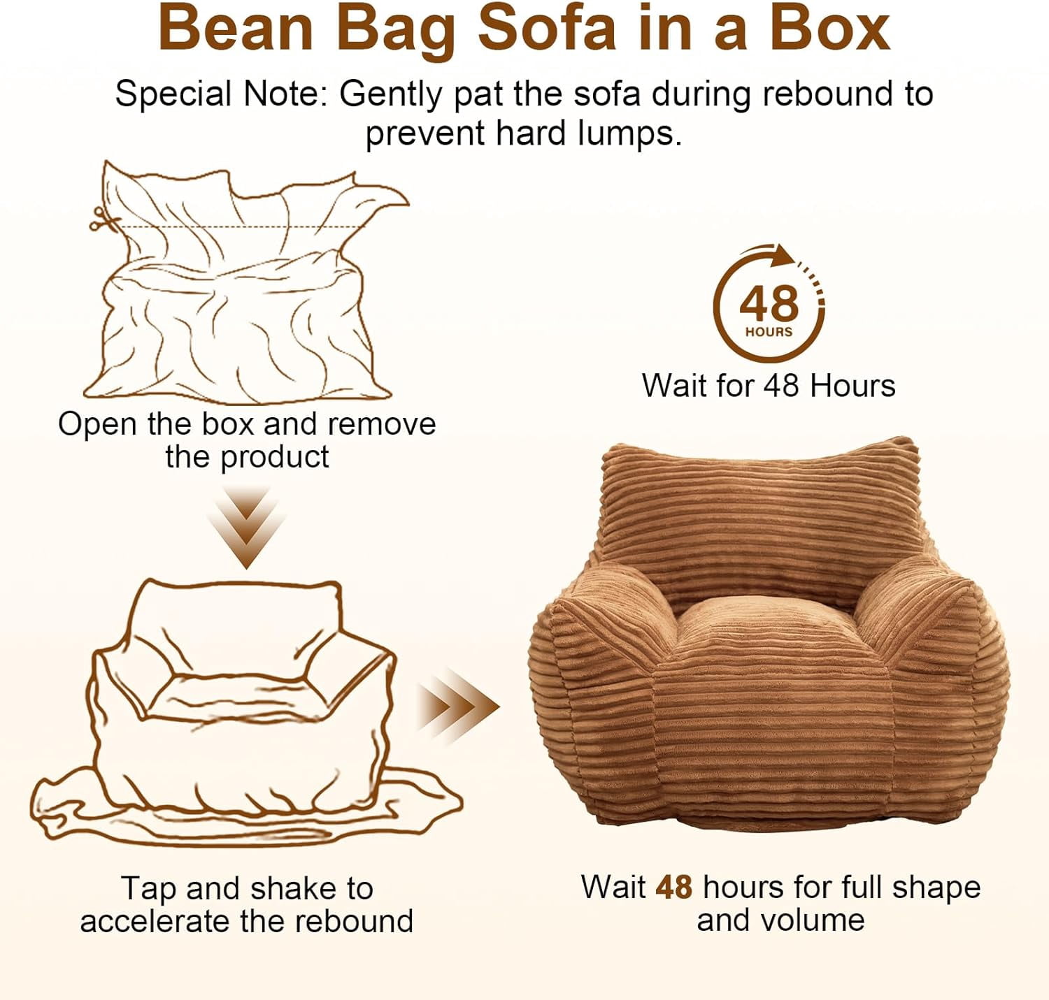 Ywen Bean Bag Chair for Adults & Kids, Giant Bean Bag Sofa with Side Pocket, Corduroy Beanbag Chair with Armrests, Comfy Stuffed Floor Sofa for Living Room Bedroom Dorm, Brown