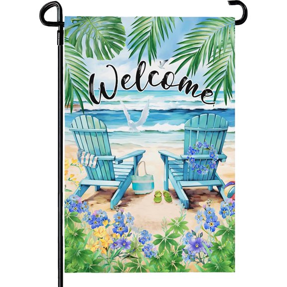 Summer Beach Welcome Garden Flag Double Sided 12 x 18 Coastal Tropical Palm Tree Flowers Small Outdoor Yard Flag Decor