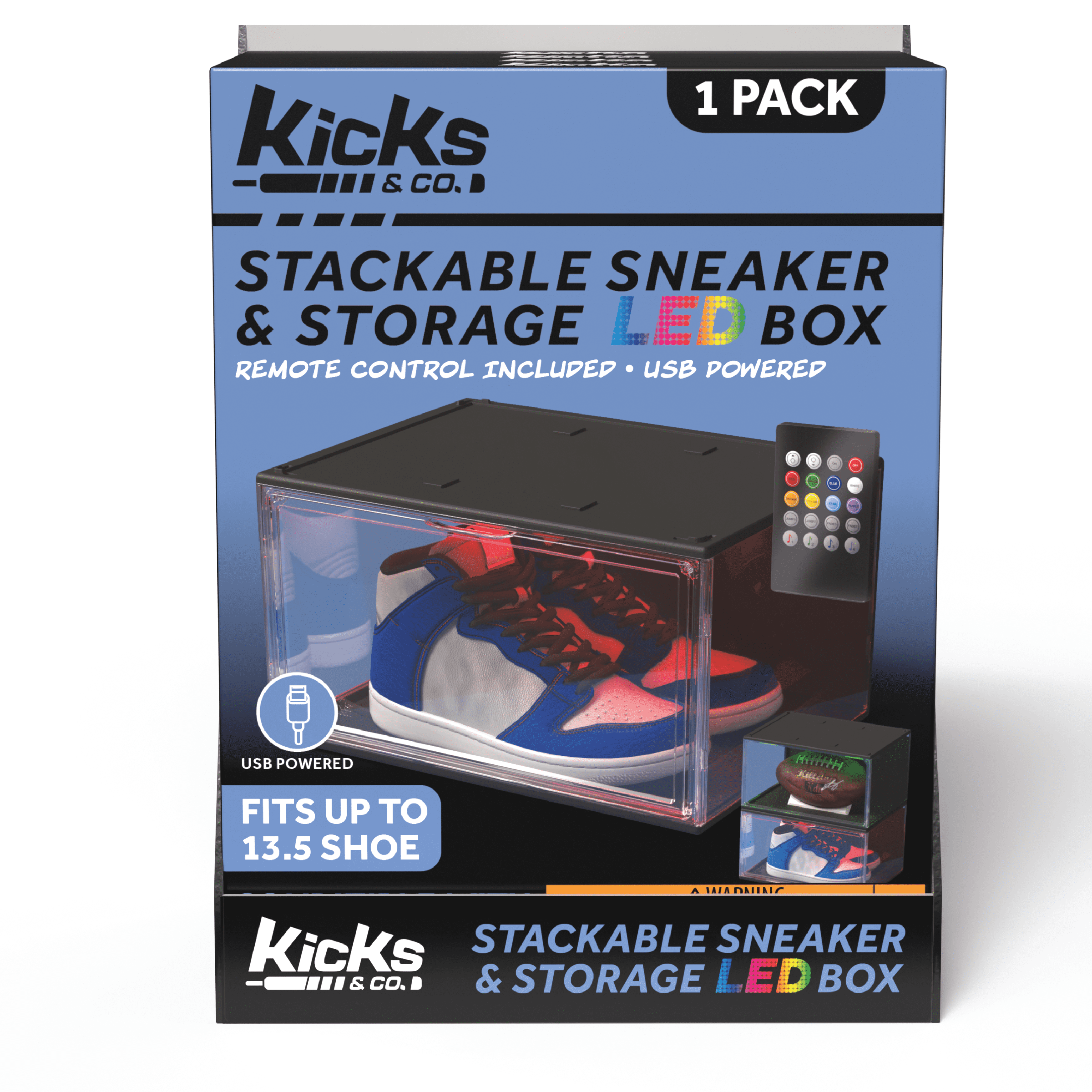 Kicks & Co XL Clear Plastic Stackable Shoe Storage Box for Sneakers Remote Control LED Light Fits Up to Size 13