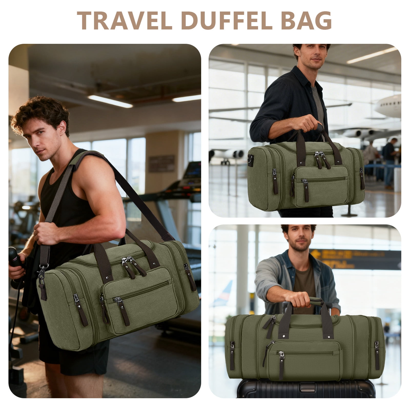 DAKOMM Canvas Duffle Bag 50L, Duffle Bag for Travel Expandable Duffel Bags Waterproof Weekender Overnight Travel Bag Gym Carry On Luggage Bag for Men & Women (Army Green)