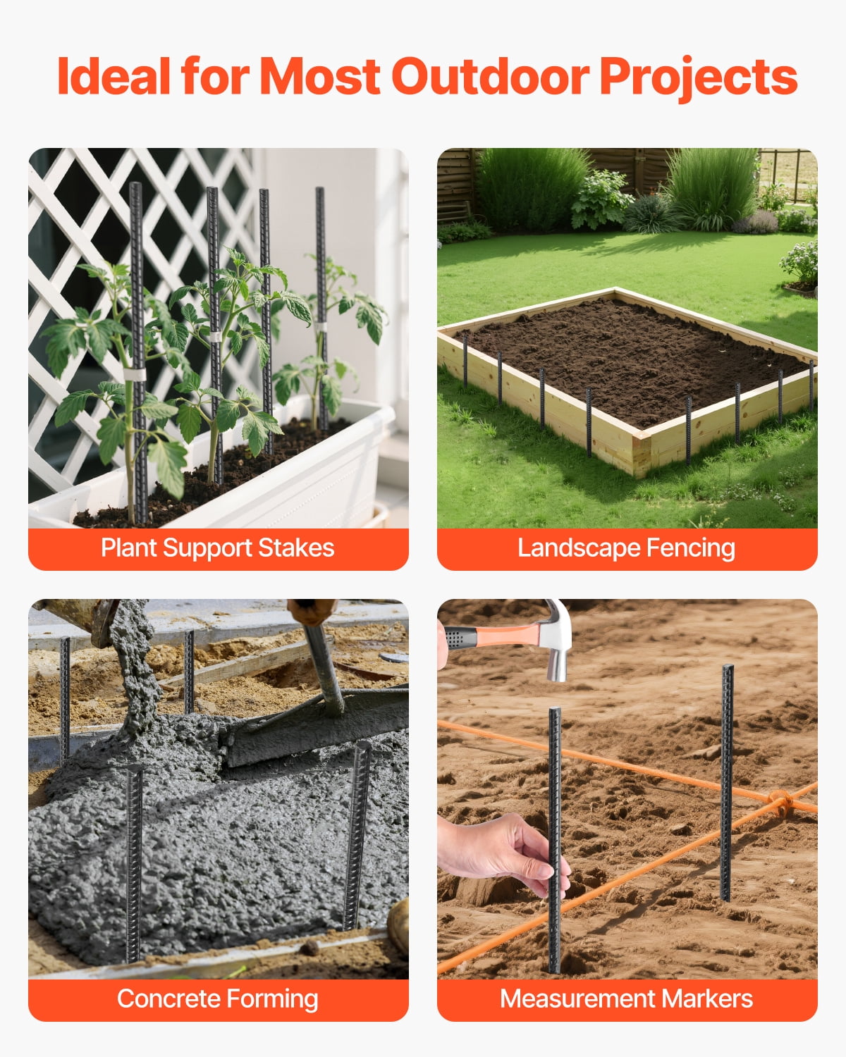 VEVOR Rebar Stakes, 16-Inch, Heavy-Duty 0.45 in Diameter, Straight Galvanized Steel Ground Anchors with Chisel Point End & Rust-Resistant Coating, for Gardening Support, Fence, Camping Tents