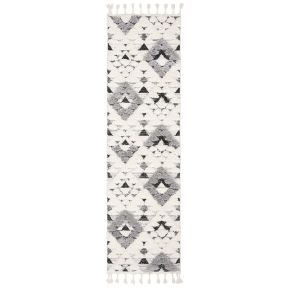 SAFAVIEH Moroccan Tassel Larry Geometric Shag Runner Rug, Ivory/Grey, 2'3" x 14'