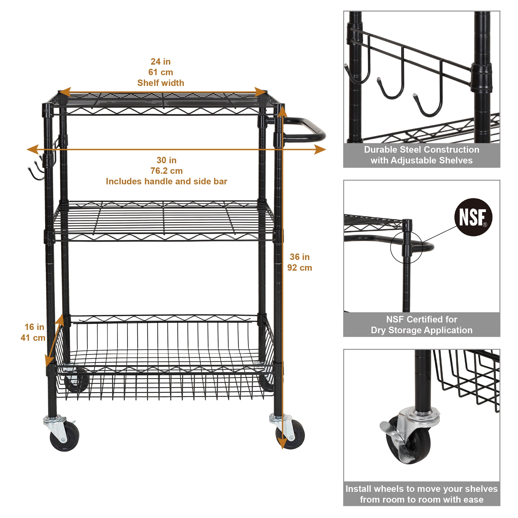 Hyper Tough 3-Tier New Multipurpose Rolling Cart, Black Color, 495lbs Load Capacity