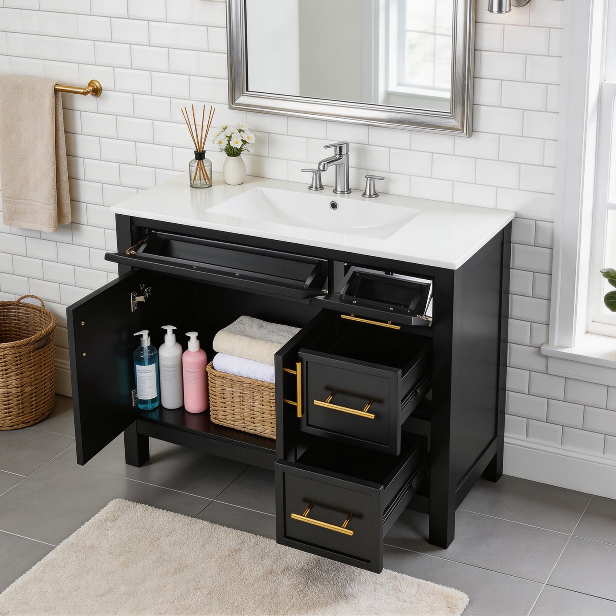 SogesPower 36" Bathroom Vanity with Ceramic Sink, Solid Wood Bathroom Makeup Cabinet with 2 Doors and 3 Drawers, Modern FreeStanding Single Basin Vanity Set for Bathroom, Black