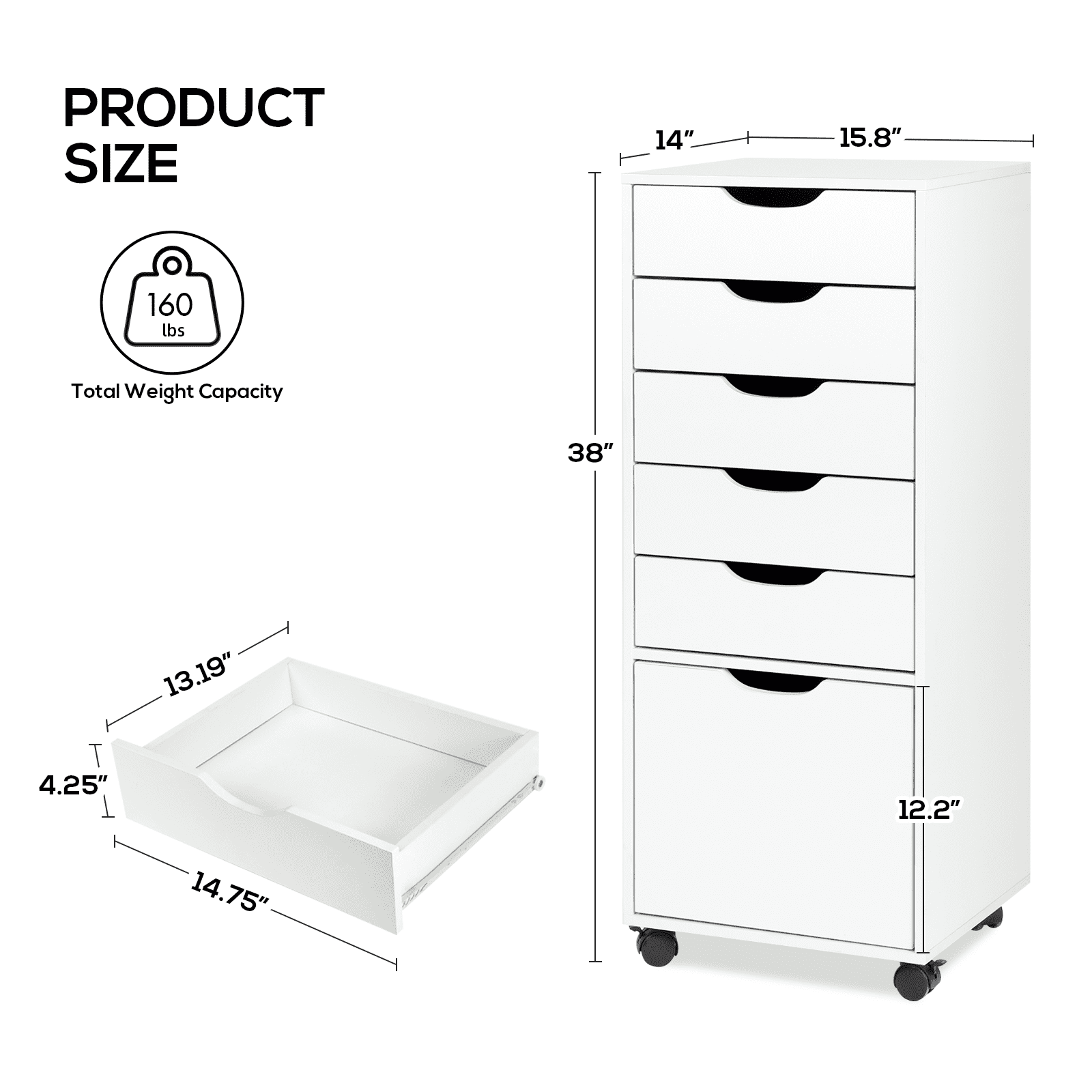 RichYa Mobile File Cabinet with Wheels,Chest of Drawers with Lockable Caster,Rolling Storage Organizer for Home Office,Living Room (White)