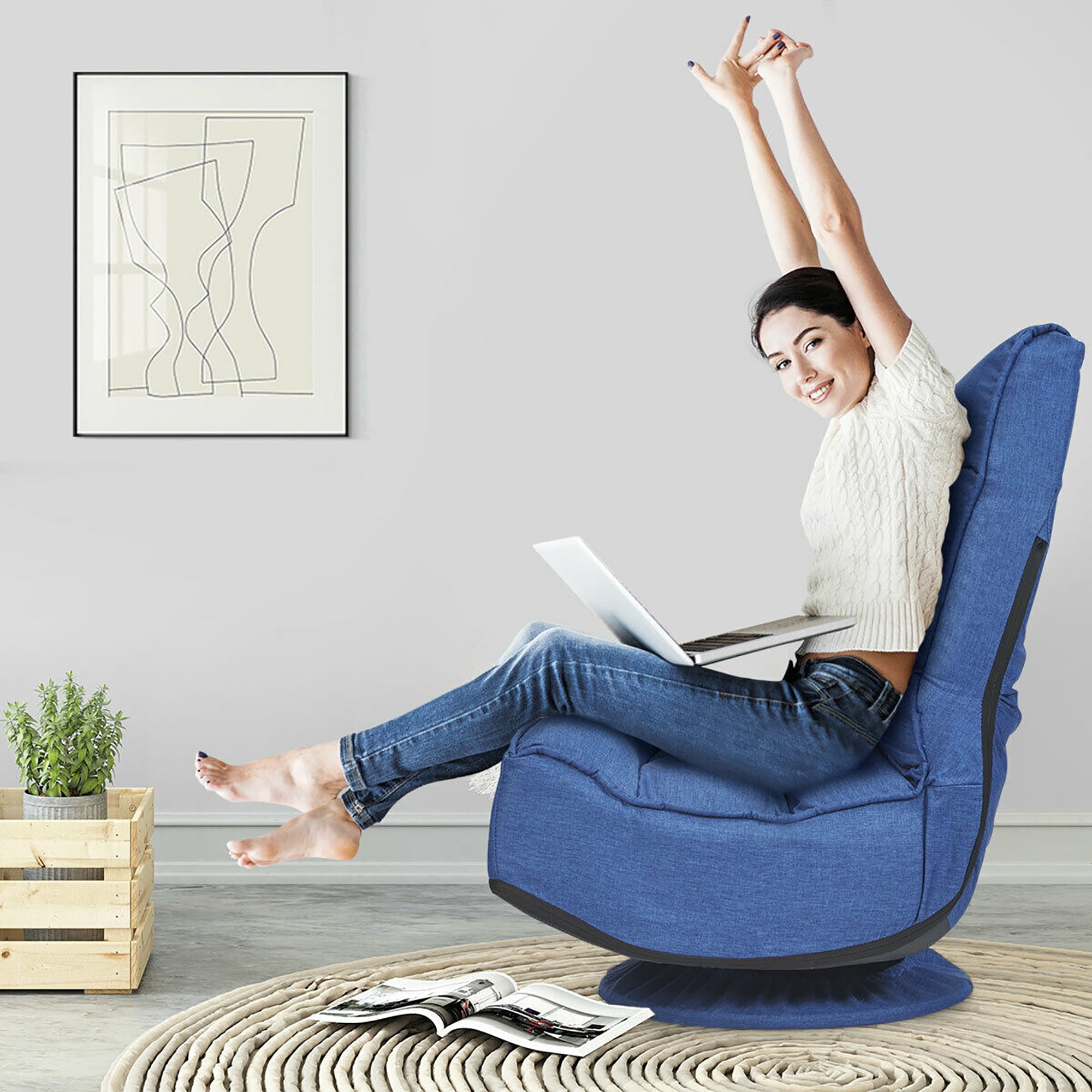 Costway Gaming Chair Fabric 6-Position Folding Lazy Sofa 360 Degree Swivel Grey\ Black\ Coffee High Back-Blue