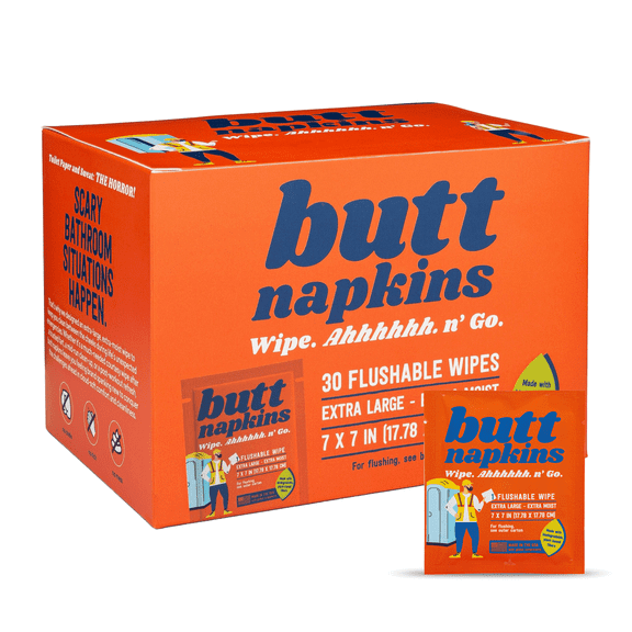 Industrial Butt Napkins, 30 Individually Wrapped, Water-Based Flushable Wipes, Unscented