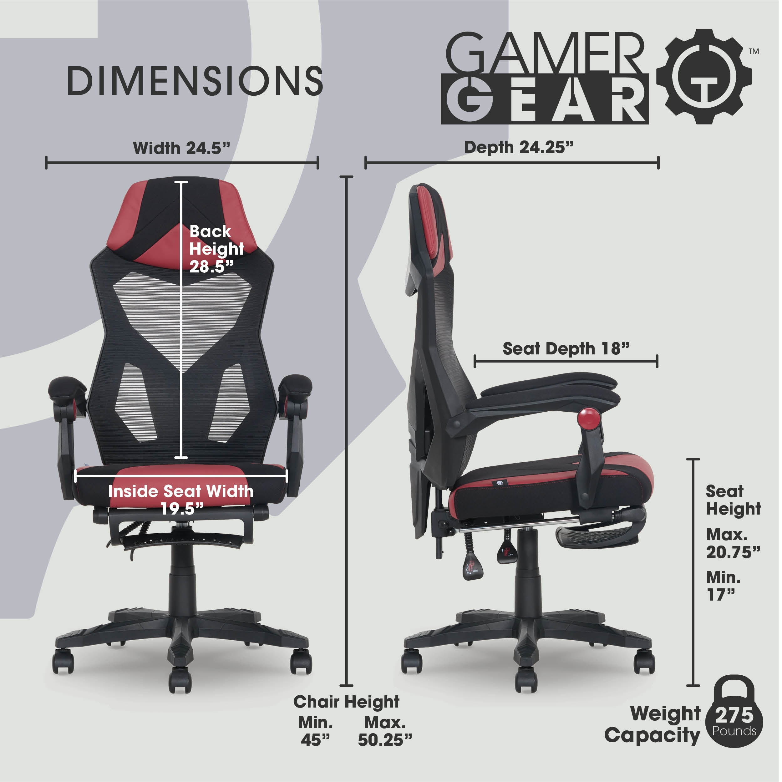 Gamer Gear Gaming Office Chair with Extendable Leg Rest, Red/Black Fabric Upholstery  (图3)