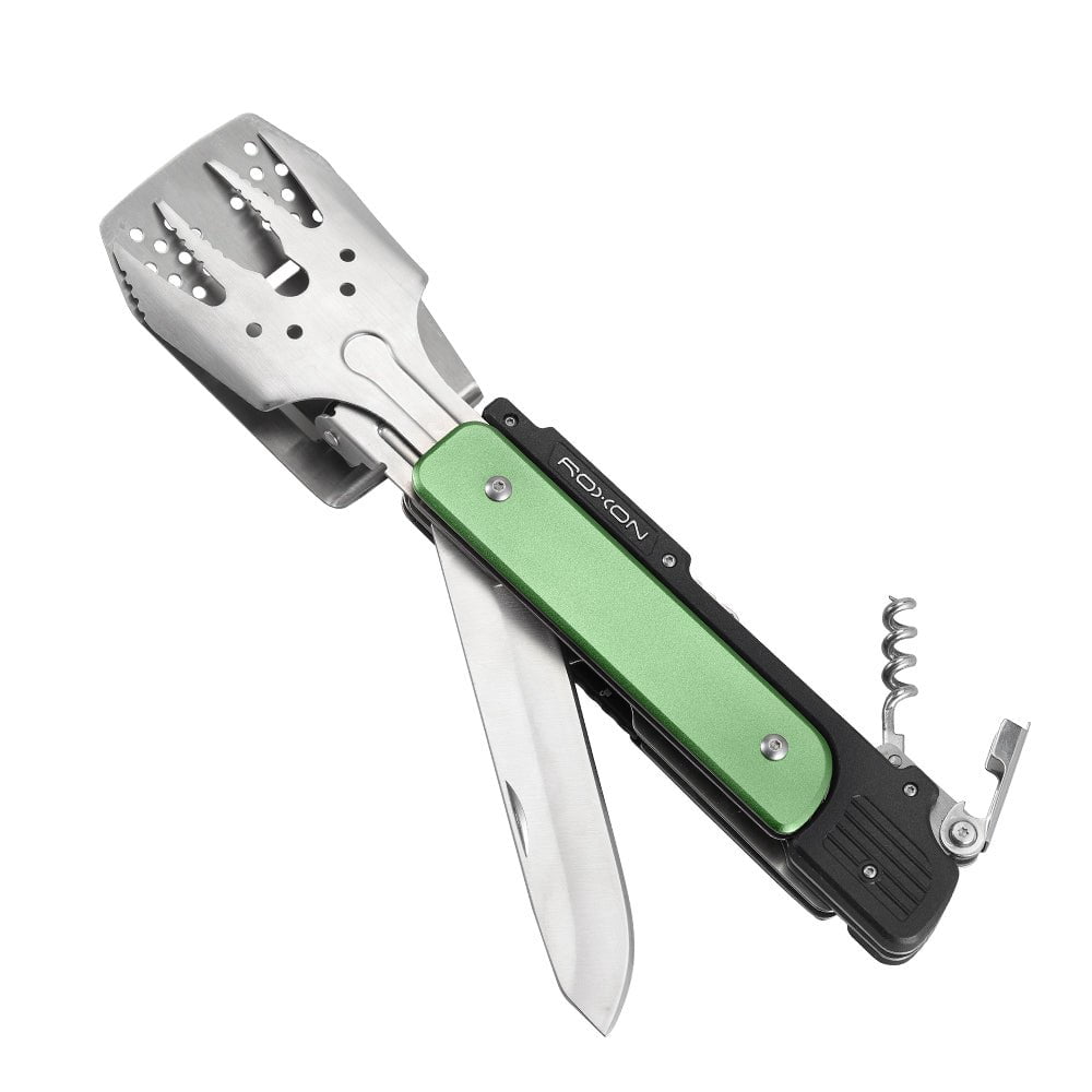 Roxon 6-in-1 Collapsible Grill Multitool - Fork, Spatula, Wine Opener, Knife, Tong- Green Color