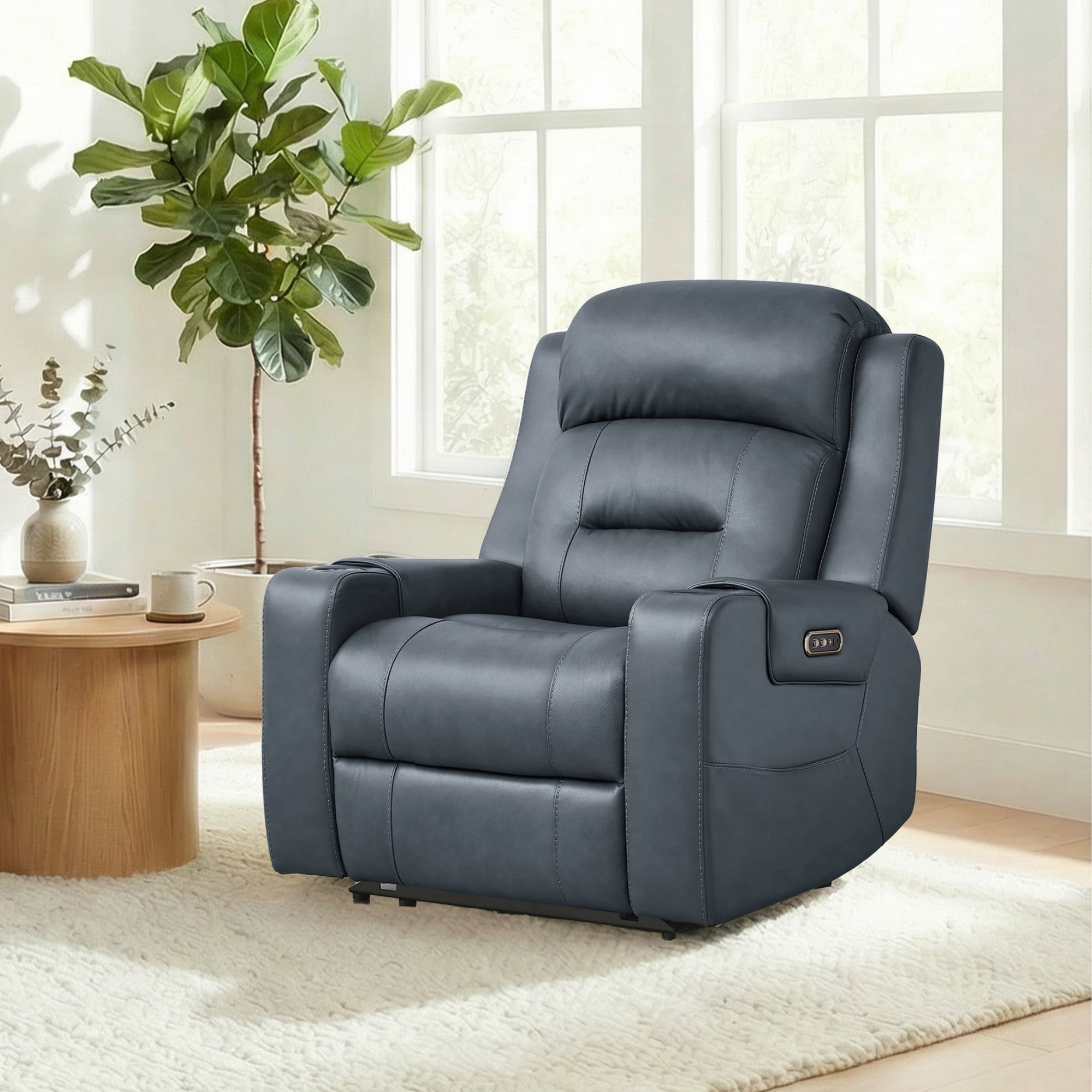 Spruce & Spring Lay-Flat Genuine Leather Power Recliner Chair with Headrest, Navy