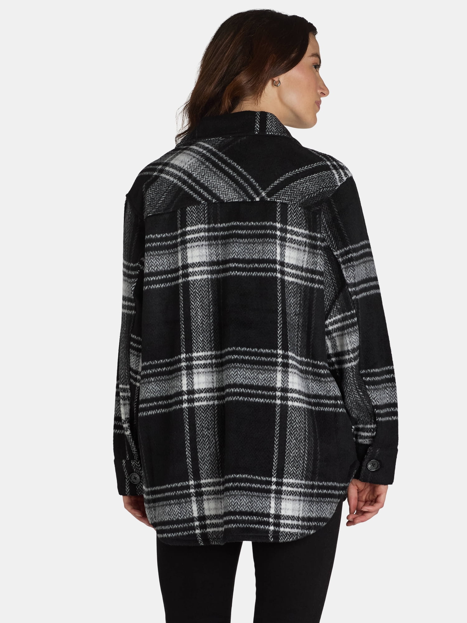 Time and Tru Women's Plaid Button Front Shacket, XS-XXXL
