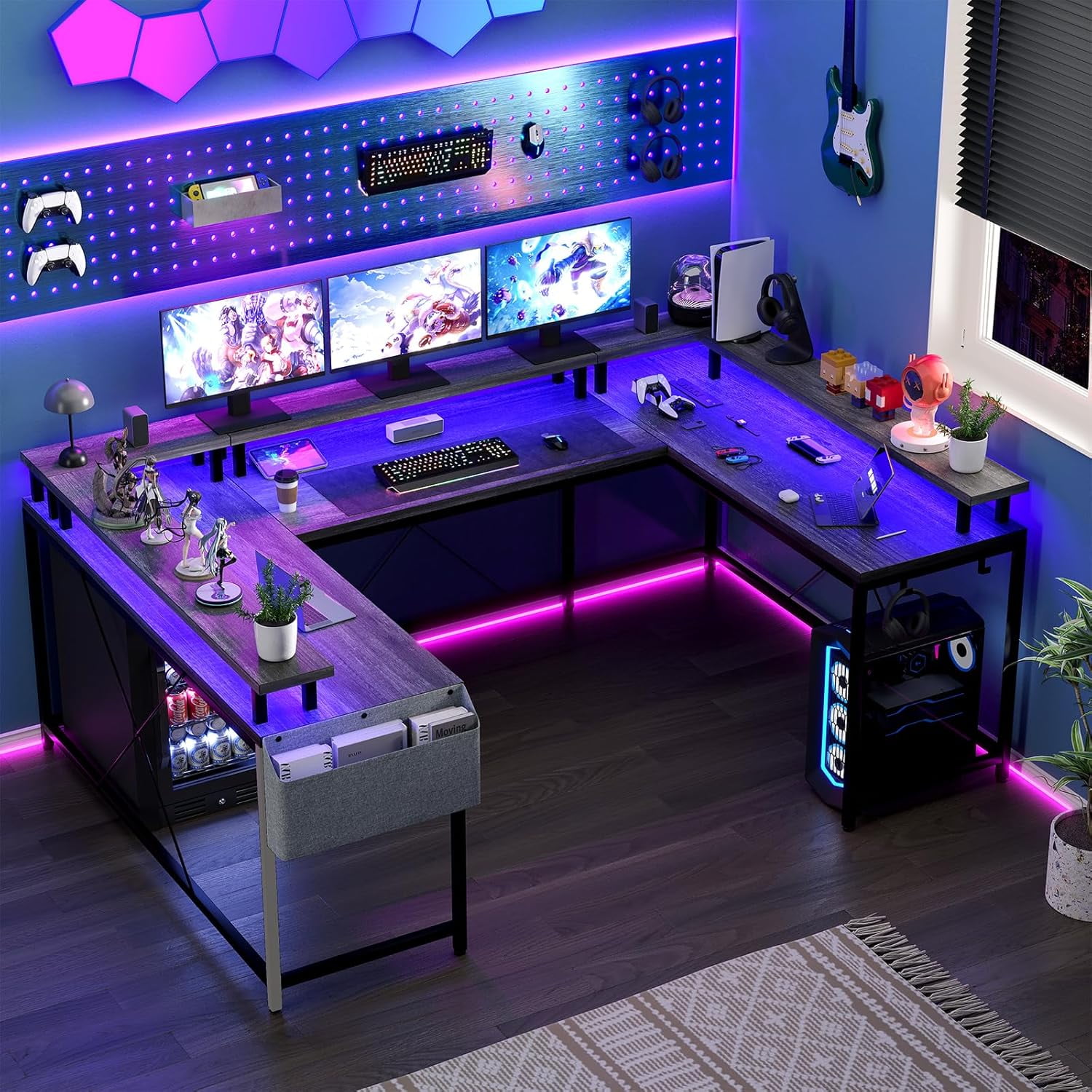 U Shaped Desk with Power Outlets & LED Lights, 79" Reversible L Shaped Desk, Corner Computer Desk Office Desk with Full Monitor Stand, Oak