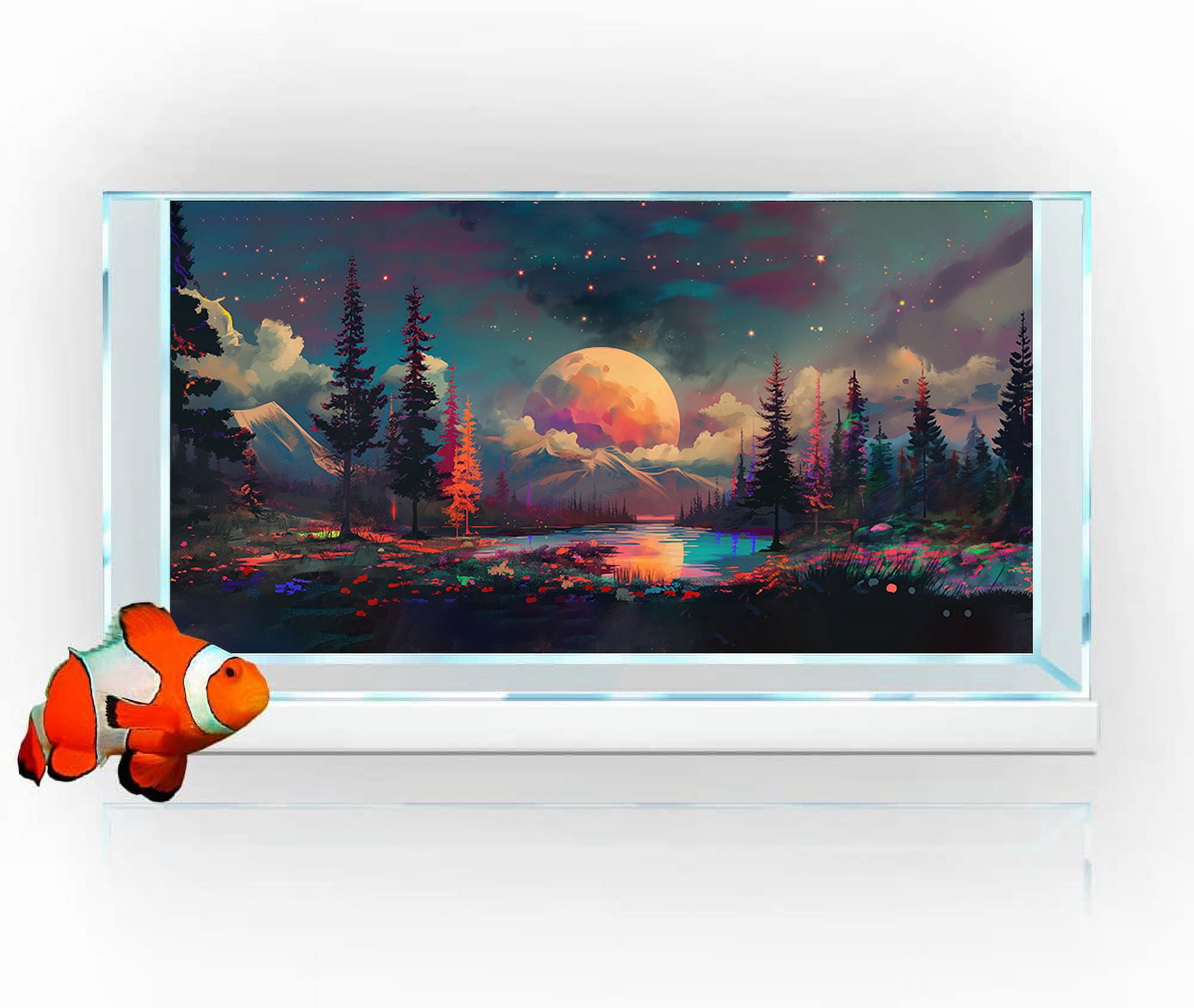 Colorful Planet Aquarium Background, Galaxy Space Tapestry Fantasy Forest Mountain Tank Decorations Background, Aesthetic Floral Plant Art Terrarium Background with 8 EVA Double-Sided Tape
