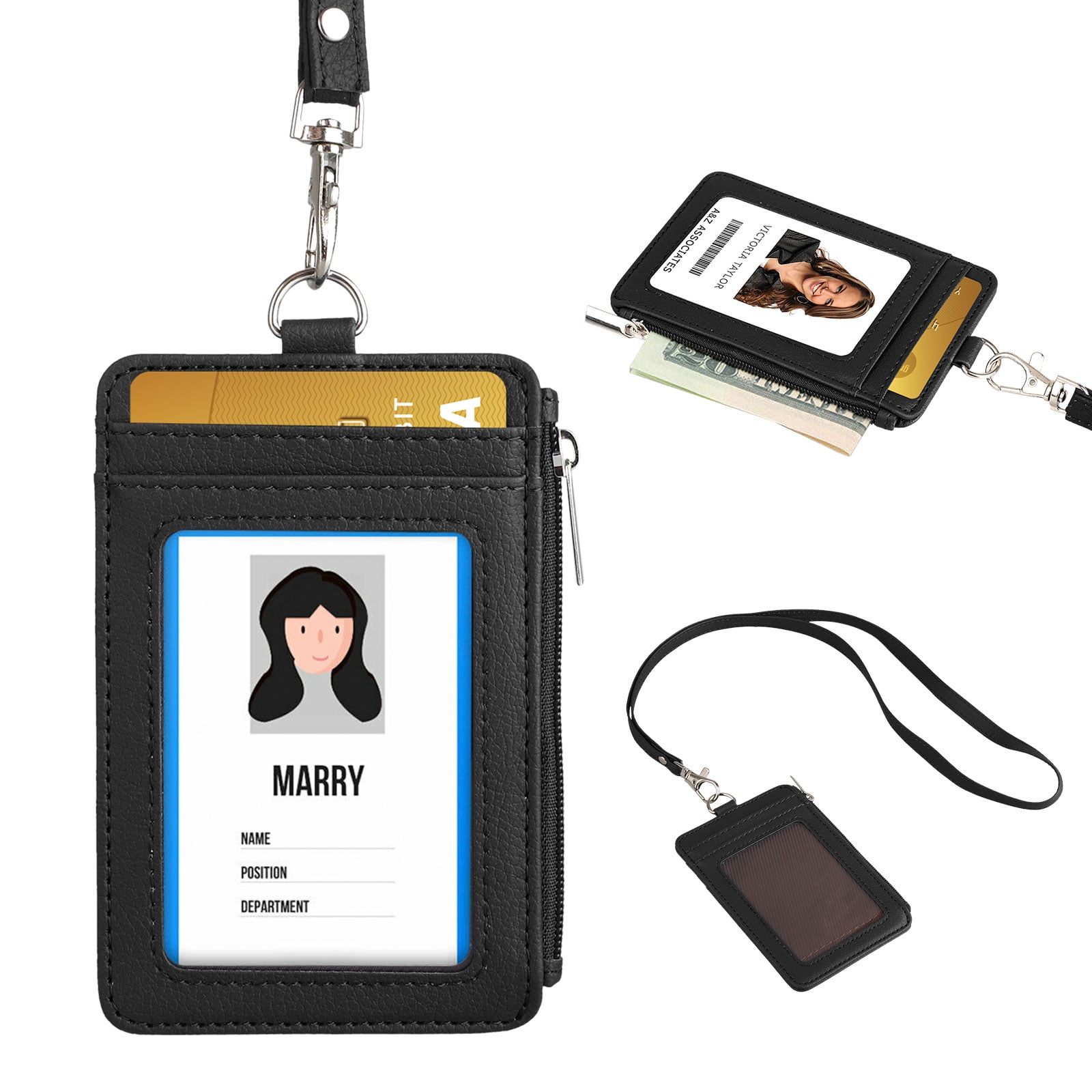 ID Badge Holder w/ Neck Lanyard Double Sided PU Leather Wallet Case Card Slots 