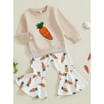 thumbnail image 4 of Toddler Baby Girl Easter Outfit Carrot Embroidered Crewneck Long Sleeve Tops Flare Pants 2Pcs Spring Fall Clothes Set, 4 of 8
