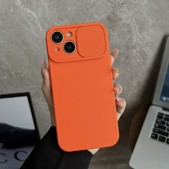 Compatible with iPhone 13 Case, [Smooth Silicone Full Coverage Camera] [Drop Protection], Shockproof Slim Soft Microfiber Lining Camera Lens Slide Protective Phone Case, Orange