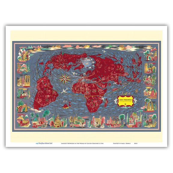 Largest Network in the World (Le Plus Grand Réseau du Monde) - Air Routes - Vintage Pictorial Map by Lucien Boucher c.1961 - Master Art Print (Unframed) 9in x 12in