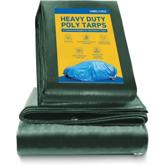 Debonair 13' x 16' Super Heavy Duty 10 Mil Green Poly Tarp Cover - Thick Waterproof, UV Resistant, Rip and Tear Proof Tarpaulin with Grommets and Reinforced Edges