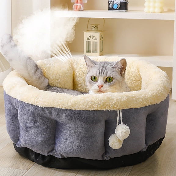 Fuzzy Pet Mattress Bed - Round Soothing Design for Dogs Cats, Warm Soft Comfort, Universal Size for Small to Large Pets, Gray