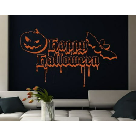 Happy Halloween Quote with Bat and Pumpkin Wall Decal - Wall Sticker, Vinyl Wall Art, Home Decor, Wall Mural - 2061 - 59in x 36in, Dark gray
