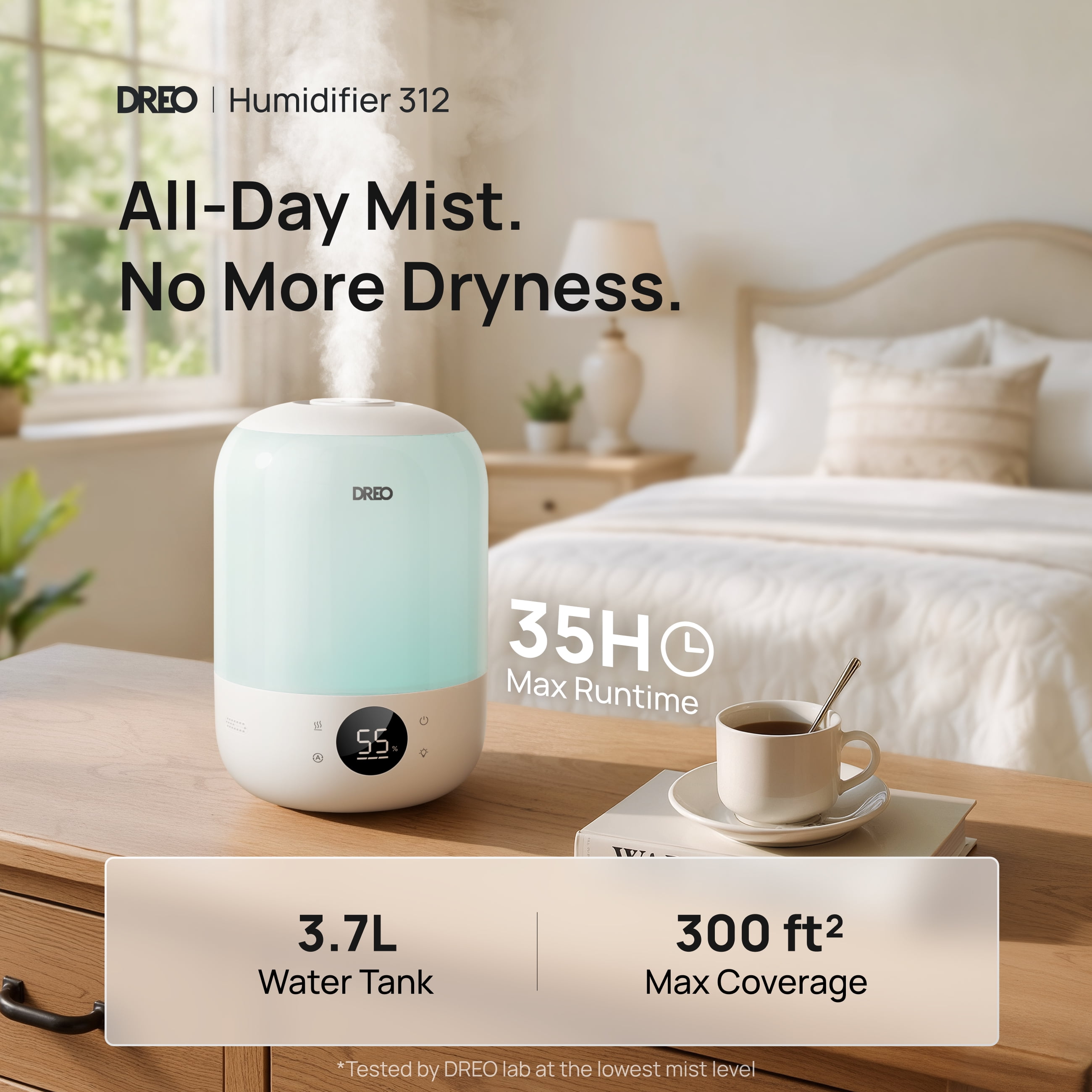 DREO Cool Mist Humidifier for Room, 3.7L Top-Fill & 35H Runtime Ultrasonic Humidifier, Custom Humidity Setting, Light Indicator & Aroma Tray, 26dB Quiet Humidifier for Home, Baby Bedroom, White