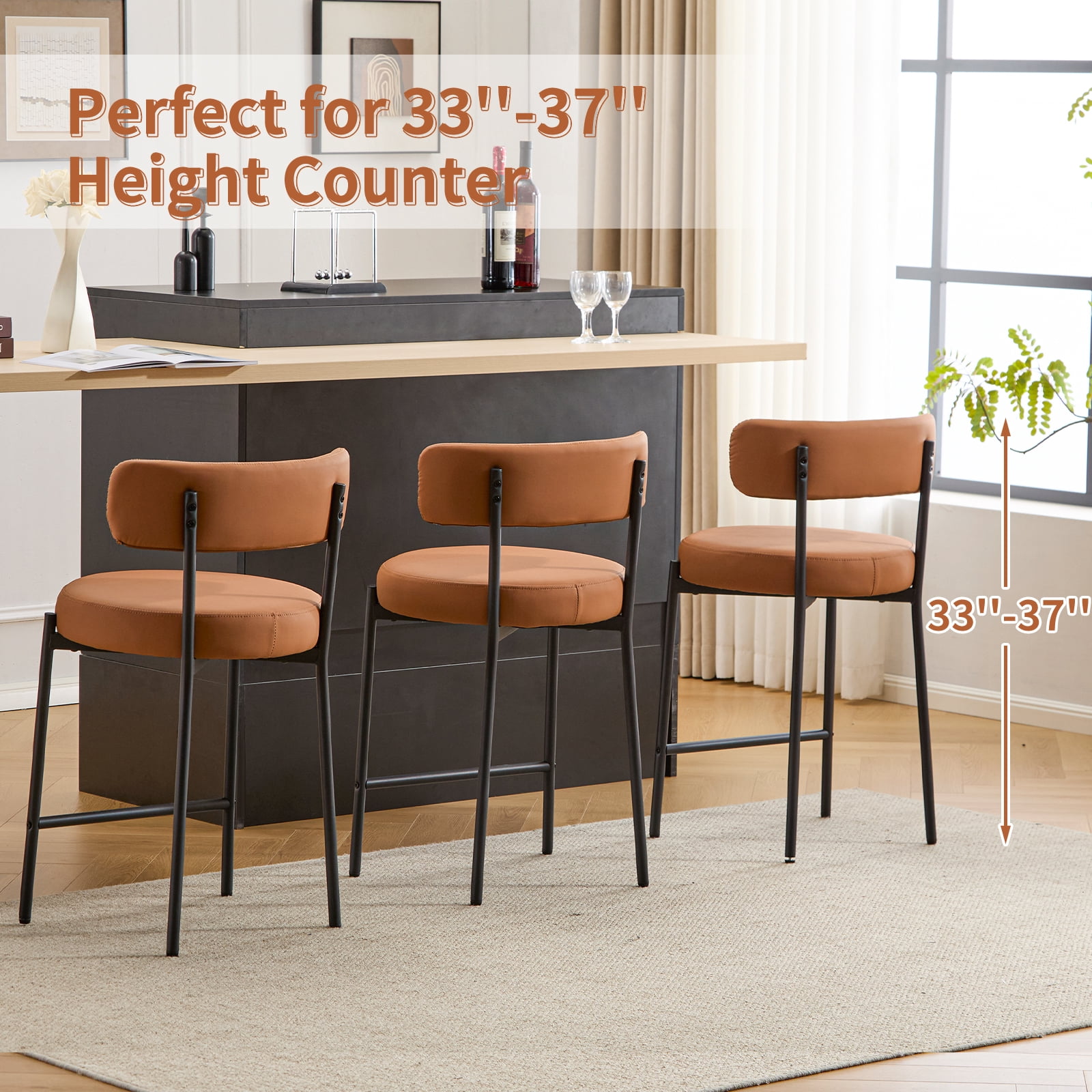 Furniliving Bar Stools Set of 2, Modern Counter Height Bar Stools with Back, Upholstered Bar Height Barstools for Kitchen Counter/Home Bar/Dining Room, Faux PU-Brown